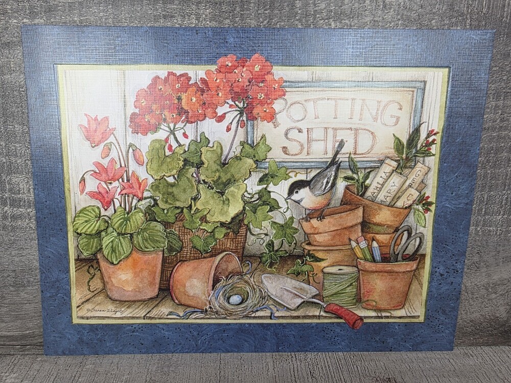 Susan Winget Potting Shed Garden Flowers Bird Art Print 11x8.5 Planting 197.4